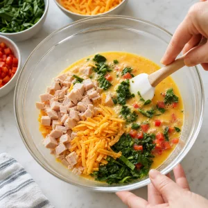 Pute, Cheddar, Spinat und Paprika werden unter die Eiermasse gehoben