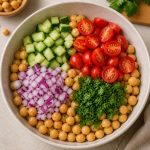 Chopped vegetables added to chickpeas