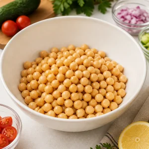Rinsed chickpeas in a large bowl