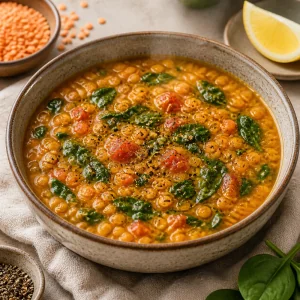 Soupe finale de lentilles et epinards avec tomates et poivre