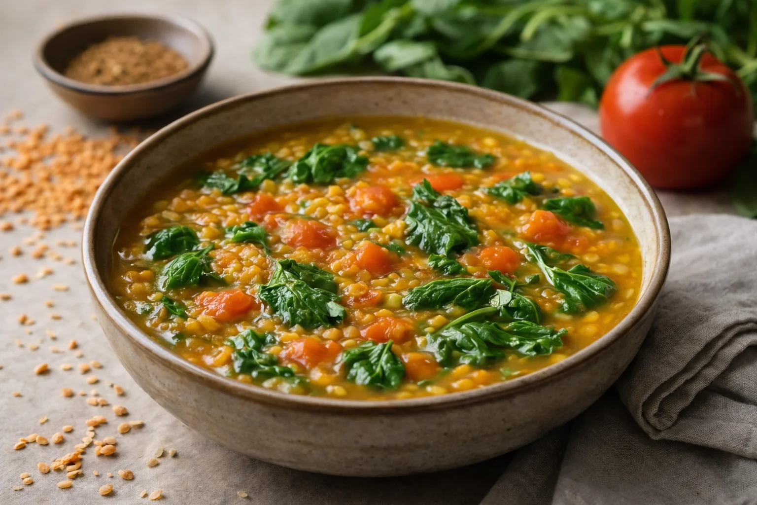 Soupe riche en protéines végétarienne aux lentilles et épinards