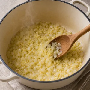 Oignon et ail revenus dans l huile d olive dans une casserole