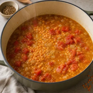 Lentilles corail, tomates et bouillon en ebullition dans une casserole