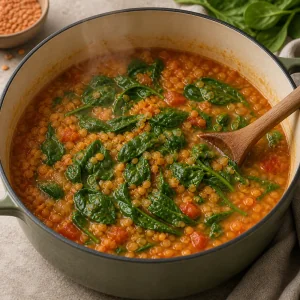 Epinards fondant dans une soupe de lentilles et tomates