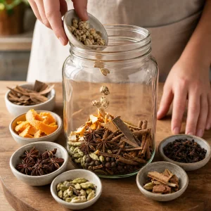 Botanicals and warm spices being added to a clean glass jar for homemade bitters.