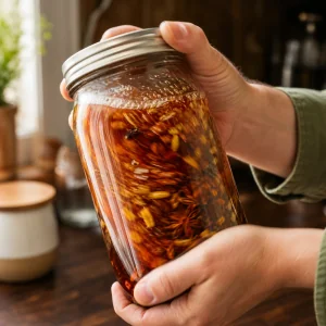 Hands shaking a sealed jar of amber bitters infusion to help extraction.