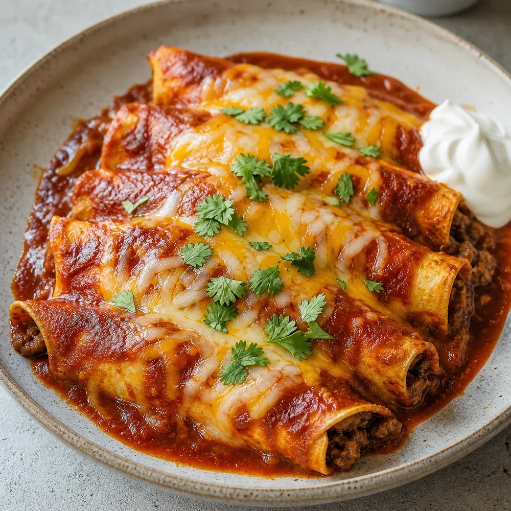 Finished beef enchiladas with red sauce and melted cheese