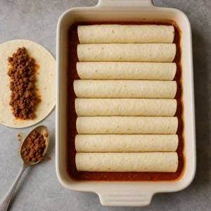 Rolled beef enchiladas arranged in a sauced baking dish