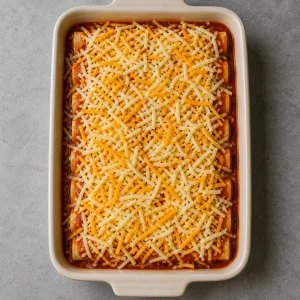 Rolled enchiladas covered with red sauce and shredded cheese