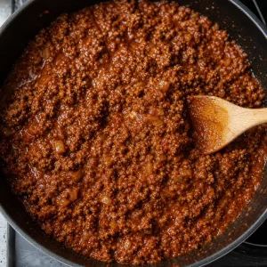 Thick red sauced beef filling simmering in a skillet