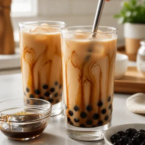 Syrop z brazowego cukru mieszany z kremowa bubble tea z karmelowymi smugami
