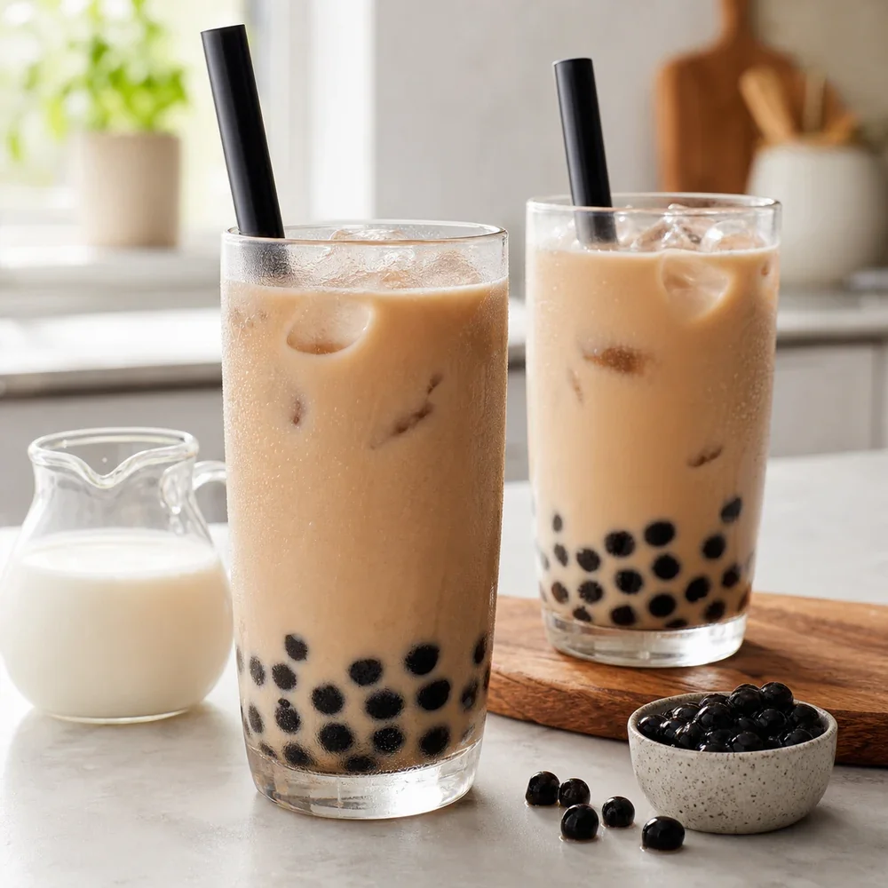 Gotowa domowa bubble tea z kremowa herbata mleczna lodem i blyszczacymi perelkami tapioki