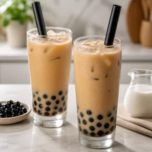 Gotowa mrozona bubble tea podana z szerokimi slomkami do boby