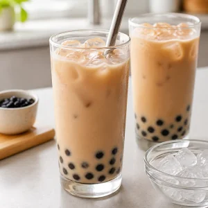Kostki lodu dodane do kremowej bubble tea i mieszane az napoj bedzie zimny