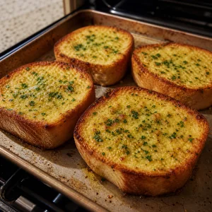 Baked garlic Texas toast with golden edges and bubbling butter