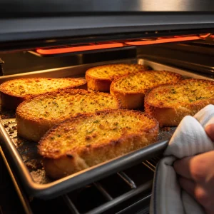 Garlic Texas toast browning under the broiler for an extra crisp finish