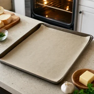 Parchment lined baking sheet ready for garlic Texas toast