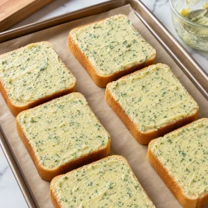 Thick bread slices spread to the edges with garlic parsley butter