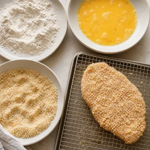 Panierowany kotlet z kurczaka na kratce obok naczyń do panierowania