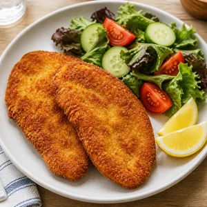 Sznycel z kurczaka podany z czastkami cytryny i mieszana salatka