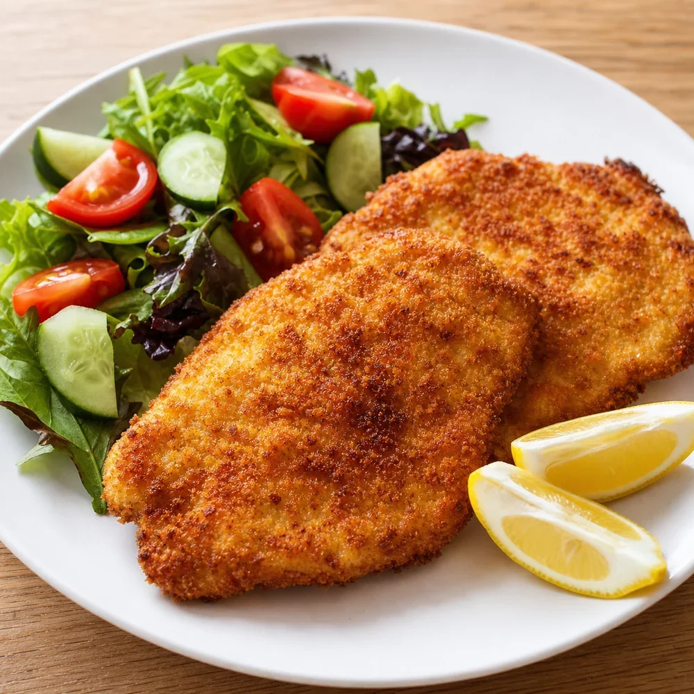 Золотистый куриный шницель с дольками лимона и салатом