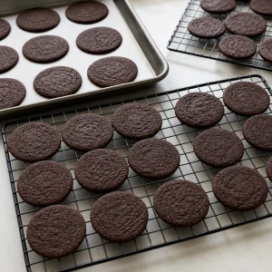 Cooled chocolate wafer cookies resting on wire racks.
