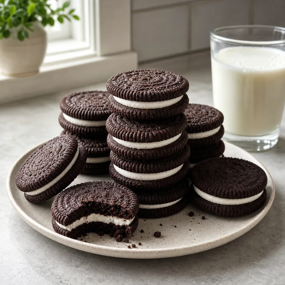 Finished chocolate sandwich cookies with vanilla cream on a plate.
