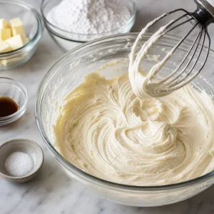 Fluffy vanilla cream filling in a mixing bowl.
