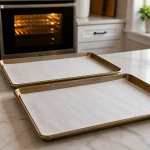 Parchment-lined baking sheets ready for cookie dough.