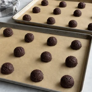 Rounded scoops of chocolate dough spaced on parchment.