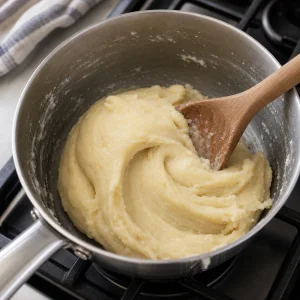 Churro dough stirred in a saucepan until it pulls away from the sides.