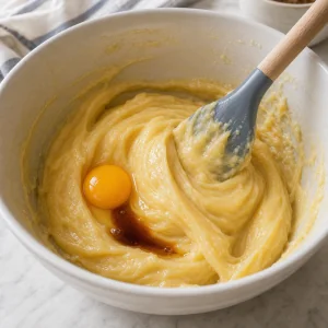 Egg and vanilla being stirred into glossy churro dough.