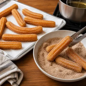 Golden churros draining on paper towels and tossed in cinnamon sugar.