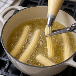 Ridged churro dough piped into hot oil and snipped with kitchen shears.