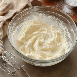 Cobertura de cream cheese batida até ficar lisa com manteiga, açúcar de confeiteiro e baunilha