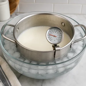 Erhitzte Milch kuehlt im Eisbad auf Startertemperatur ab