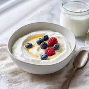 Homemade creamy Greek yogurt with live starter culture in a bowl