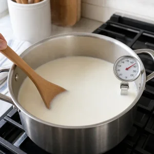 Milch wird in einem schweren Topf mit Thermometer fuer hausgemachten griechischen Joghurt erhitzt