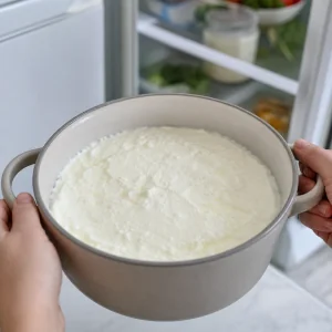 Fest gewordener Joghurt mit weichem Bruch bereit zum Kuehlen im Kuehlschrank