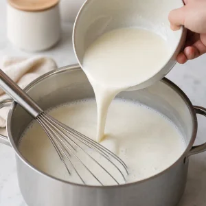 Glatte Joghurtstarter-Mischung wird zurueck in den Topf mit warmer Milch gegossen