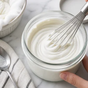 Dicker abgetropfter griechischer Joghurt wird in einem sauberen Behaelter glatt geruehrt