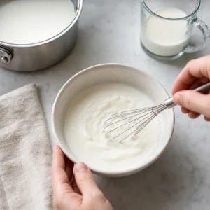 Warme Milch wird mit lebender Joghurtkultur glatt verquirlt