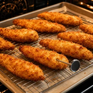 Golden chicken tenders baking on a wire rack until cooked through