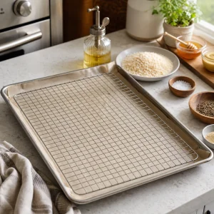 Parchment-lined baking sheet with wire rack ready for chicken tenders