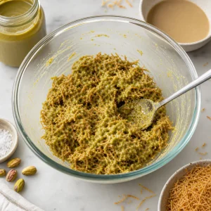 Crispy kataifi mixed with pistachio cream tahini and sea salt in a bowl
