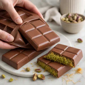Finished Dubai pistachio knafeh chocolate bars popped from the mold and broken open