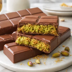 Finished Dubai pistachio knafeh chocolate bars with a glossy milk chocolate shell and crunchy green pistachio kataifi filling