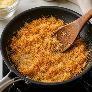 Kataifi pastry toasted golden brown in melted butter in a small skillet