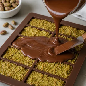 Melted chocolate spread over pistachio kataifi filling to seal the bars