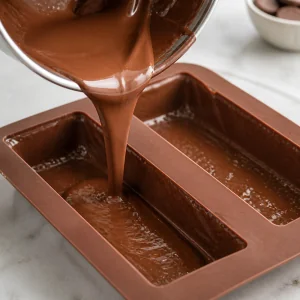 Melted milk chocolate poured into silicone molds to coat the bottom and sides